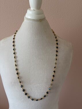 Vintage Gold-Plated Faceted Black Crystal Bezel-Set Station Necklace (36")